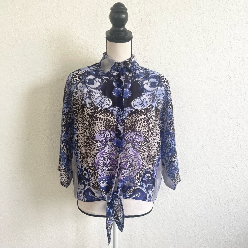 ALBERTO MAKALI Animal Print Art Wear Top 3/4 Sleeve Size XS Sheer Caged Back